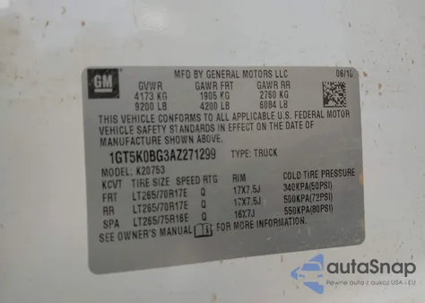 2010 GMC Sierra 2500Hd Sle z USA, uszkodzony, nr VIN 1GT5K0BG3AZ271299